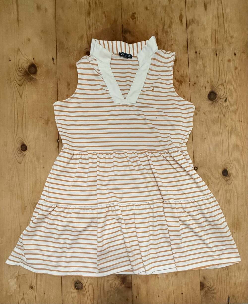 Nautica Tiered Womens White and Tan Stripe Sleeveless Collar Mini Dress -XL